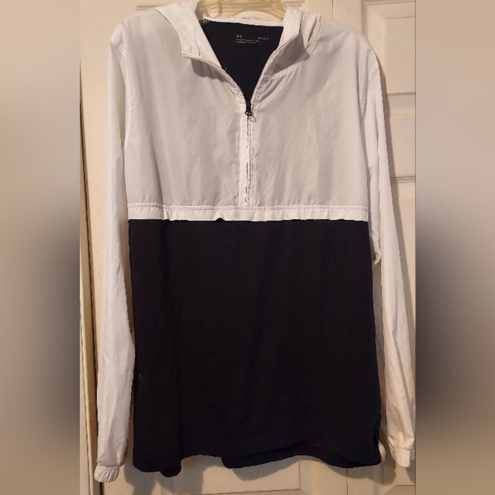 Under Armour Mens L Black White Hooded 1/4 Zip Windbreaker Anorak Lightweight UA
